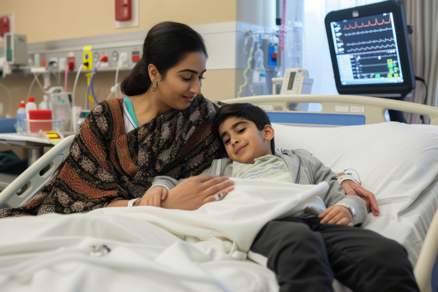 mother-indian-decent-sits-up-hospital-bed-with-her-son-as-she-comforts-reassures-him (1)